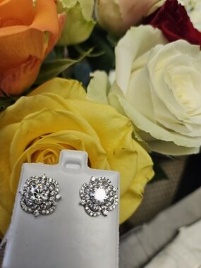 Classic Silver Halo 1 Ct Diamond-Style Stud Earrings - White